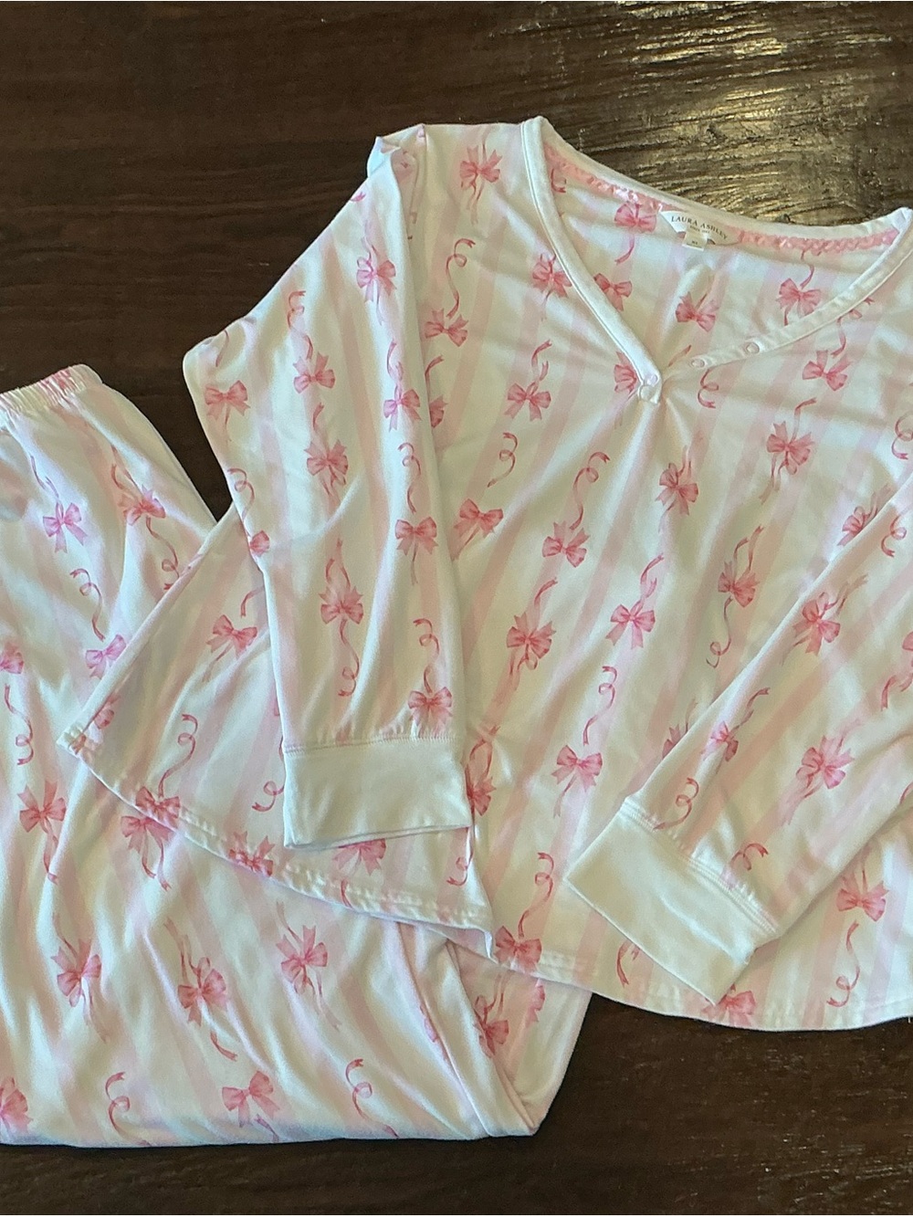 Laura Ashley Pink Bow Print Striped Pajama Set Size XL